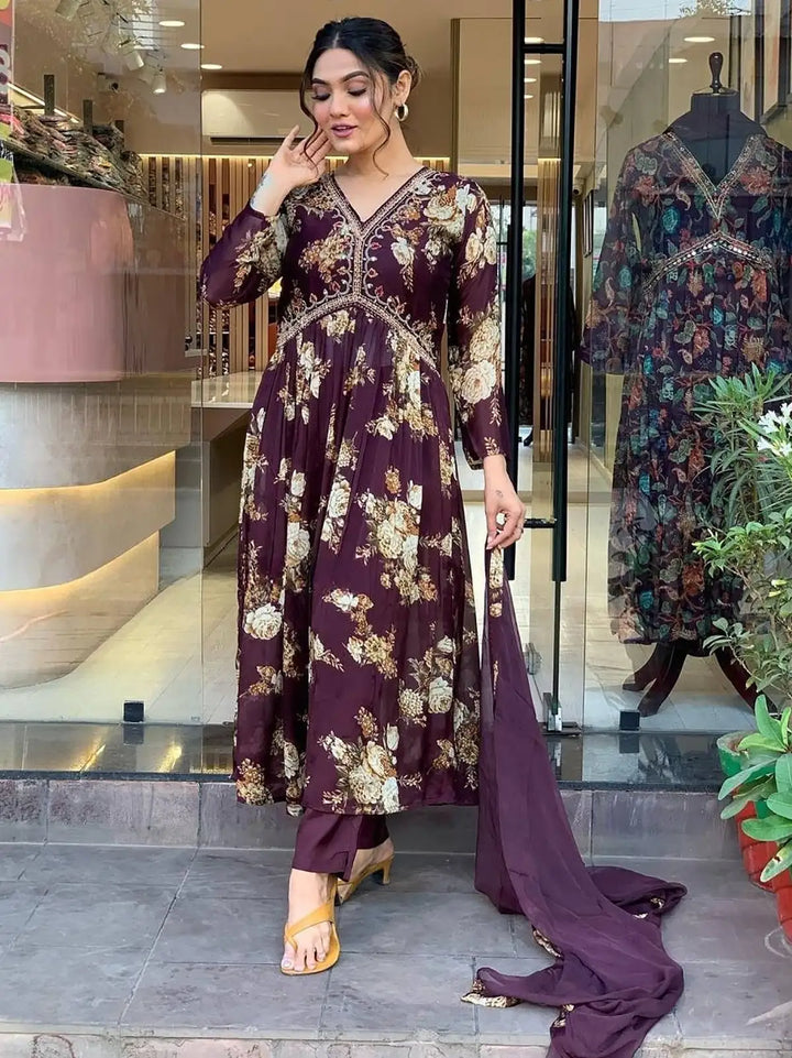 Magnetic Wine Floral Printed | Georgette Event Wear Pant Suit Signature Design