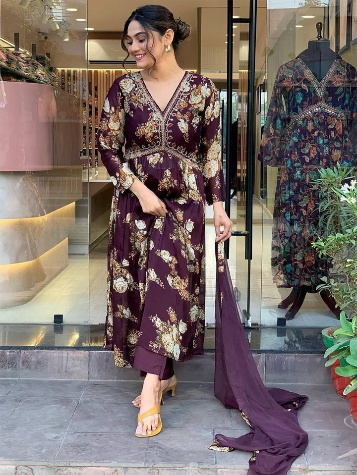 Magnetic Wine Floral Printed Georgette Event Wear Pant Suit