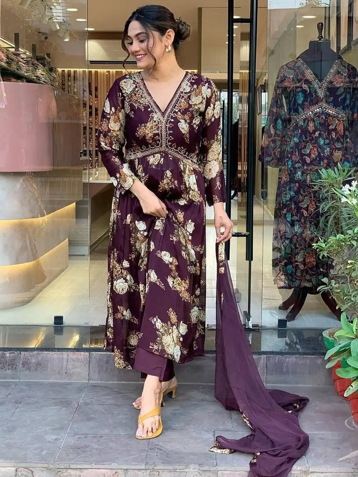 Magnetic Wine Floral Printed | Georgette Event Wear Pant Suit Signature Design
