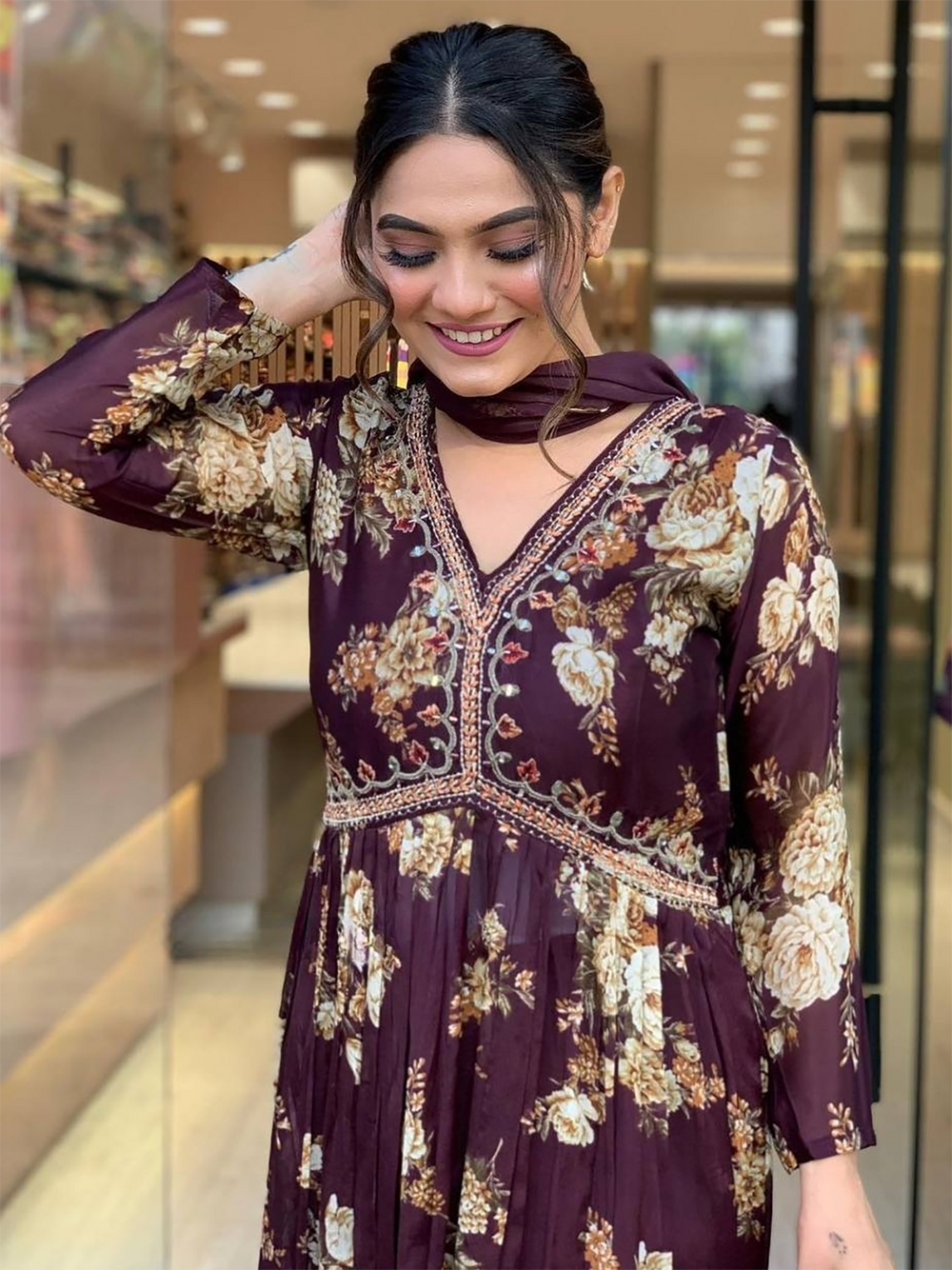 Magnetic Wine Floral Printed Georgette Event Wear Pant Suit