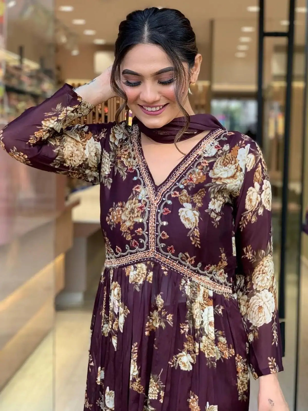 Magnetic Wine Floral Printed | Georgette Event Wear Pant Suit Signature Design