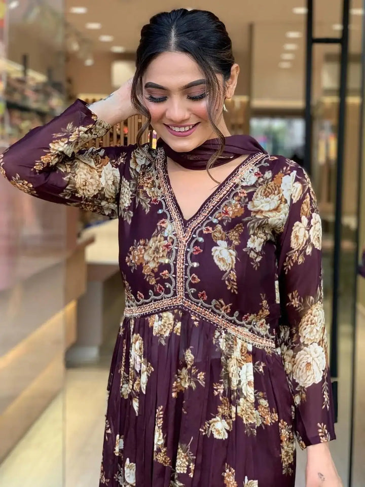 Magnetic Wine Floral Printed | Georgette Event Wear Pant Suit Signature Design