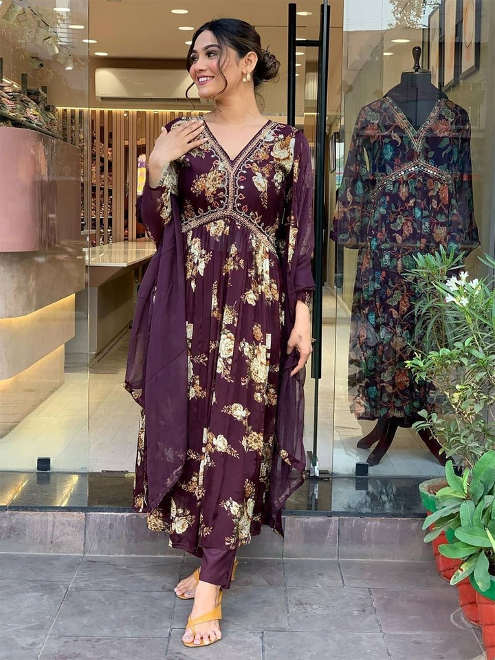 Magnetic Wine Floral Printed Georgette Event Wear Pant Suit