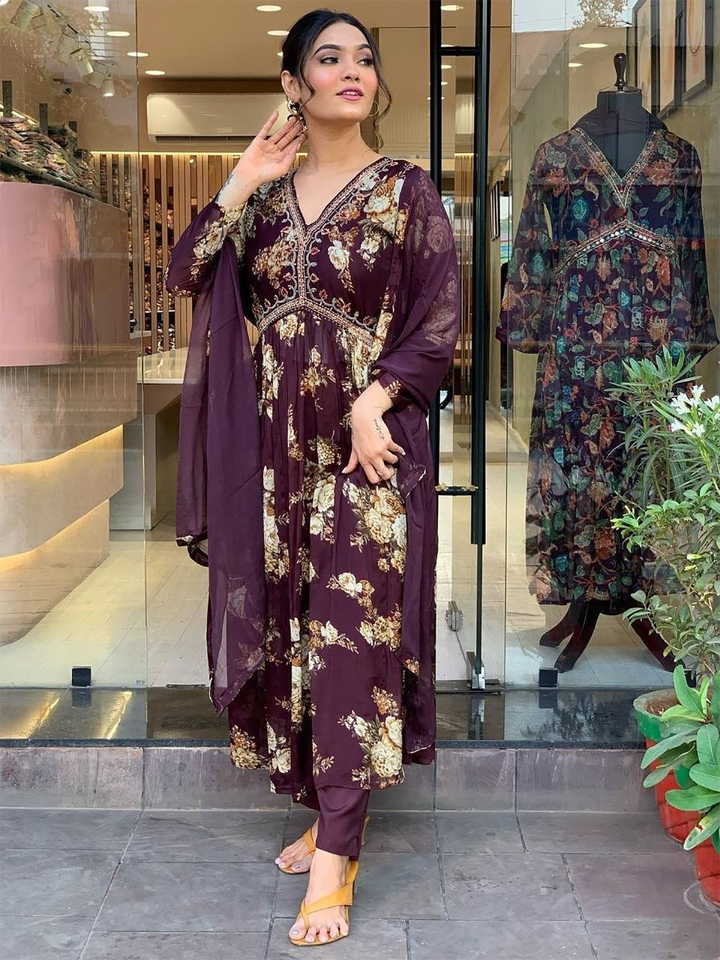 Magnetic Wine Floral Printed Georgette Event Wear Pant Suit