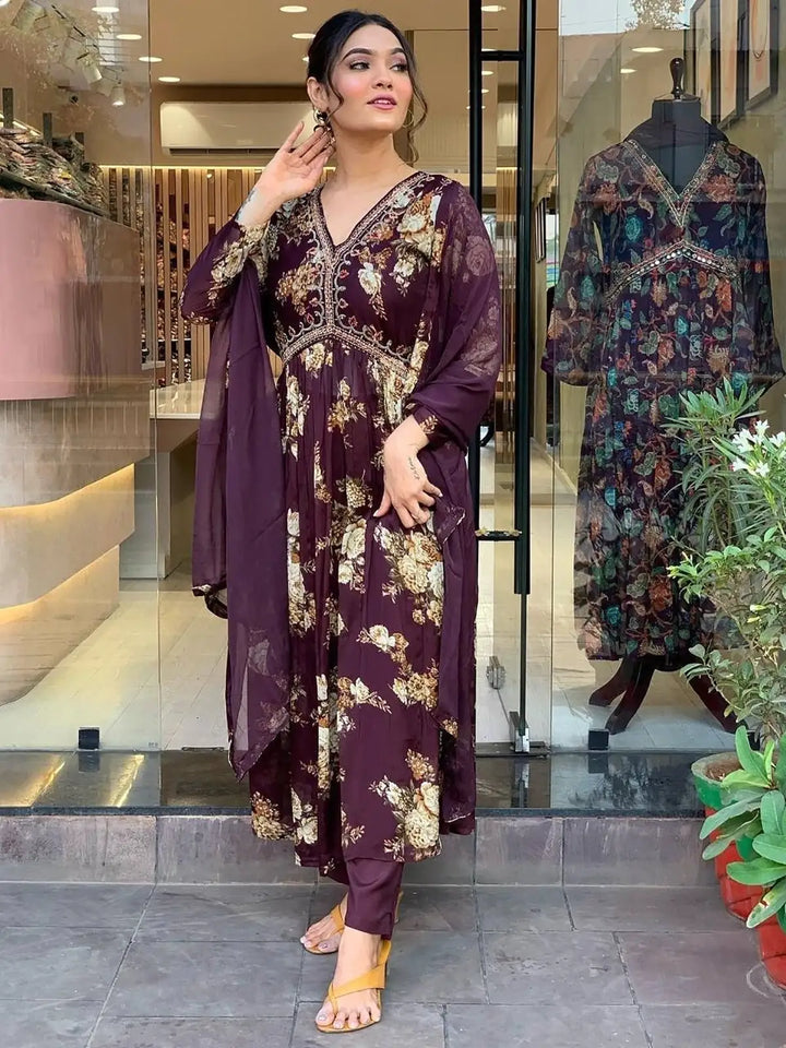 Magnetic Wine Floral Printed | Georgette Event Wear Pant Suit Signature Design