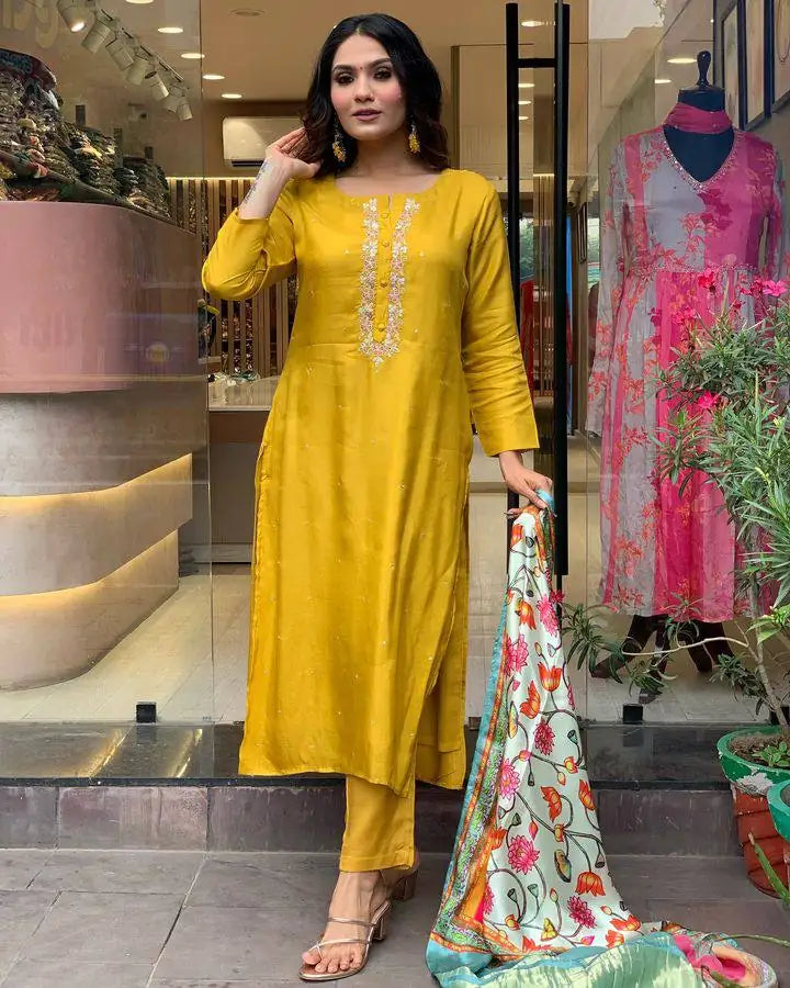 Elegant Mustard Suit | Viscose Chanderi top bottom with Lagdi Satin dupatta