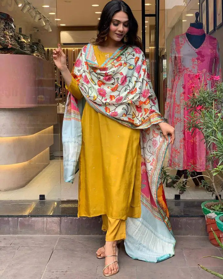 Elegant Mustard Suit | Viscose Chanderi top bottom with Lagdi Satin dupatta
