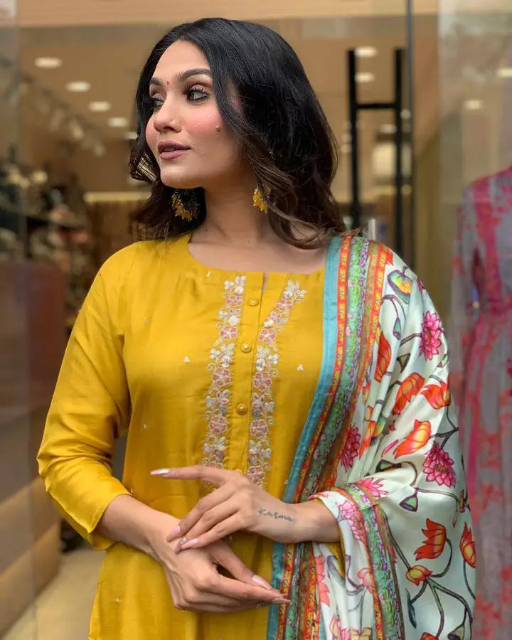 Elegant Mustard Suit | Viscose Chanderi top bottom with Lagdi Satin dupatta