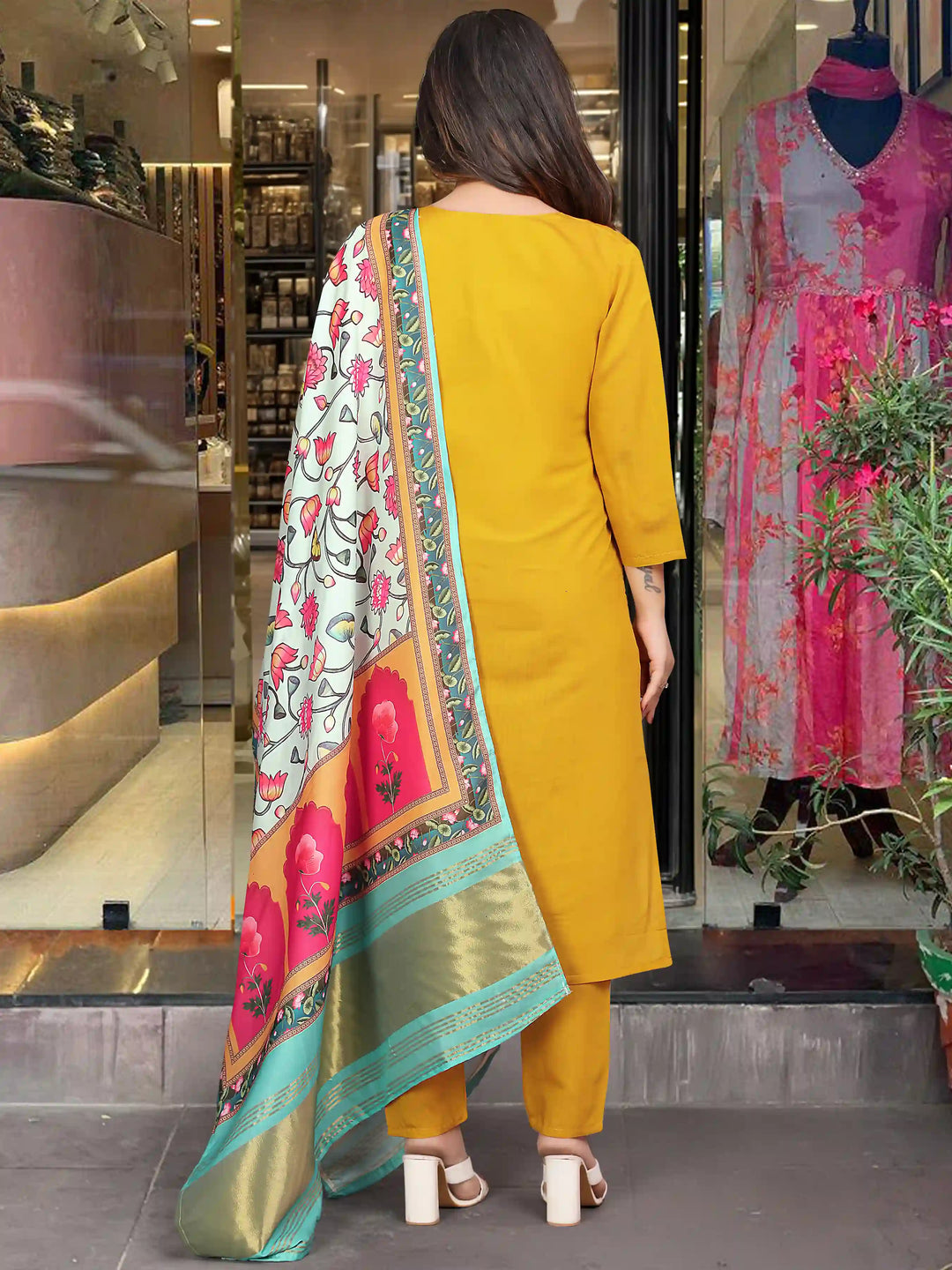 Elegant Mustard Suit | Viscose Chanderi top bottom with Lagdi Satin dupatta