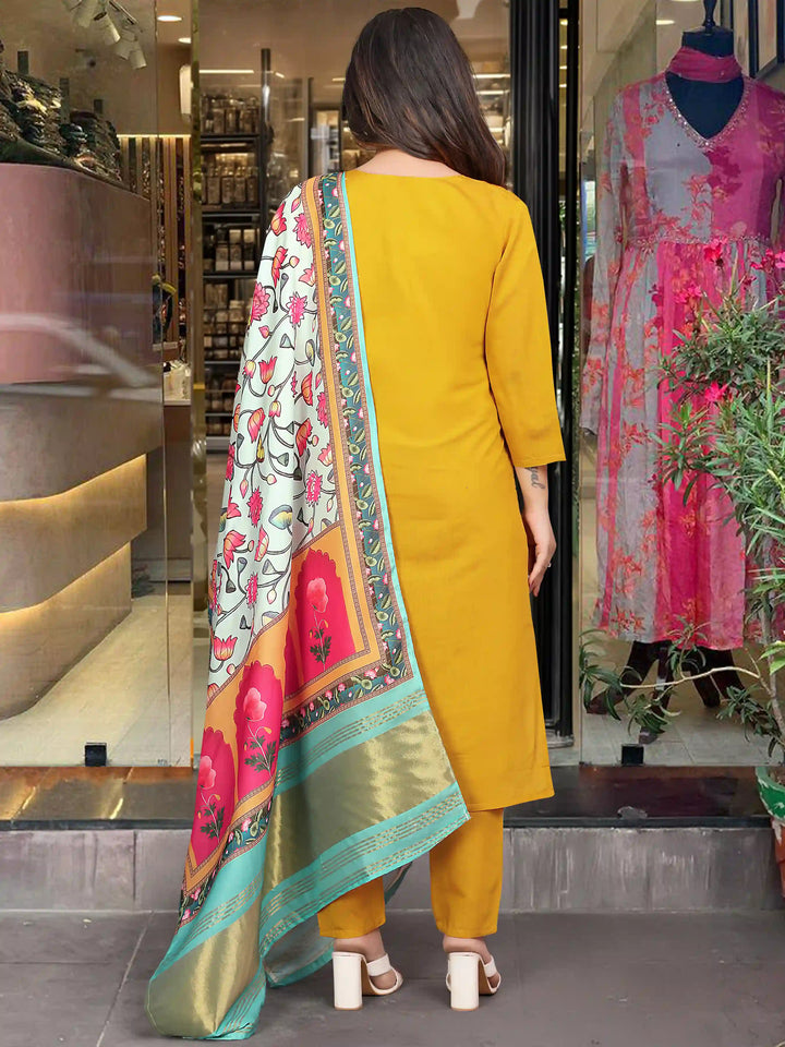 Elegant Mustard Suit | Viscose Chanderi top bottom with Lagdi Satin dupatta