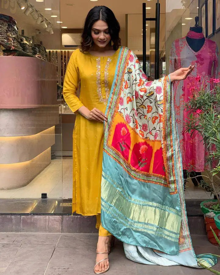 Elegant Mustard Suit | Viscose Chanderi top bottom with Lagdi Satin dupatta