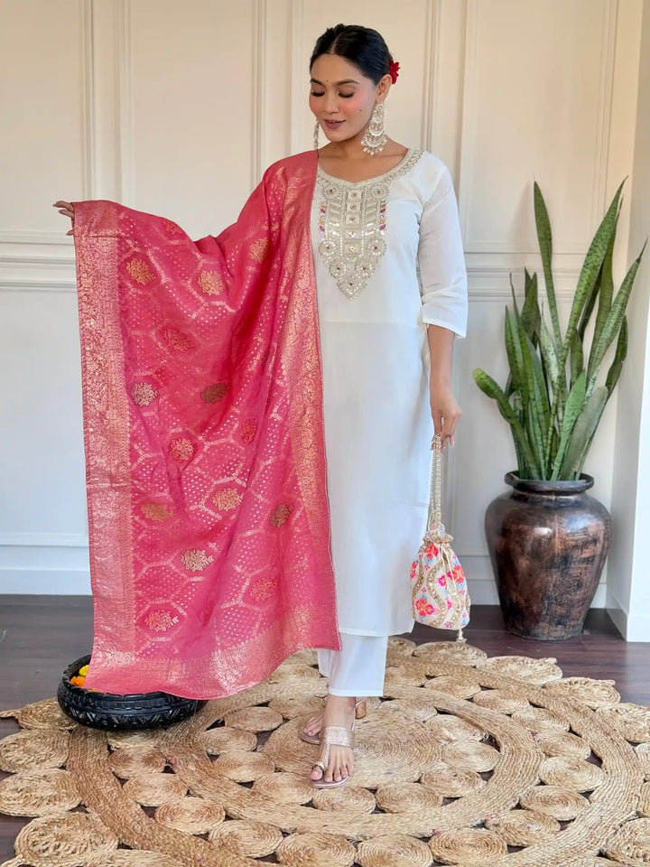 Elegant White Suit | Chanderi top bottom with Jacquard Silk dupatta