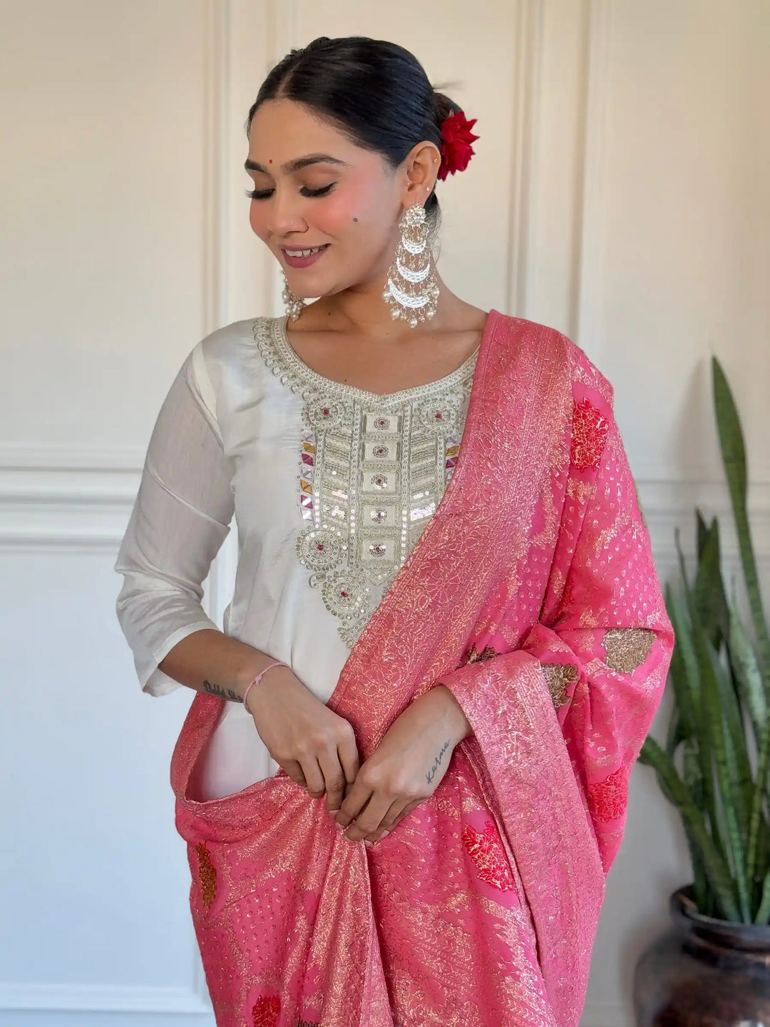 Elegant White Suit | Chanderi top bottom with Jacquard Silk dupatta