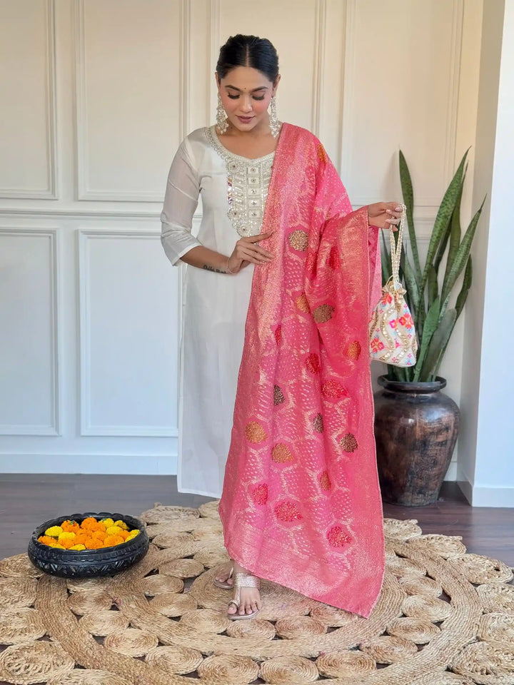 Elegant White Suit | Chanderi top bottom with Jacquard Silk dupatta