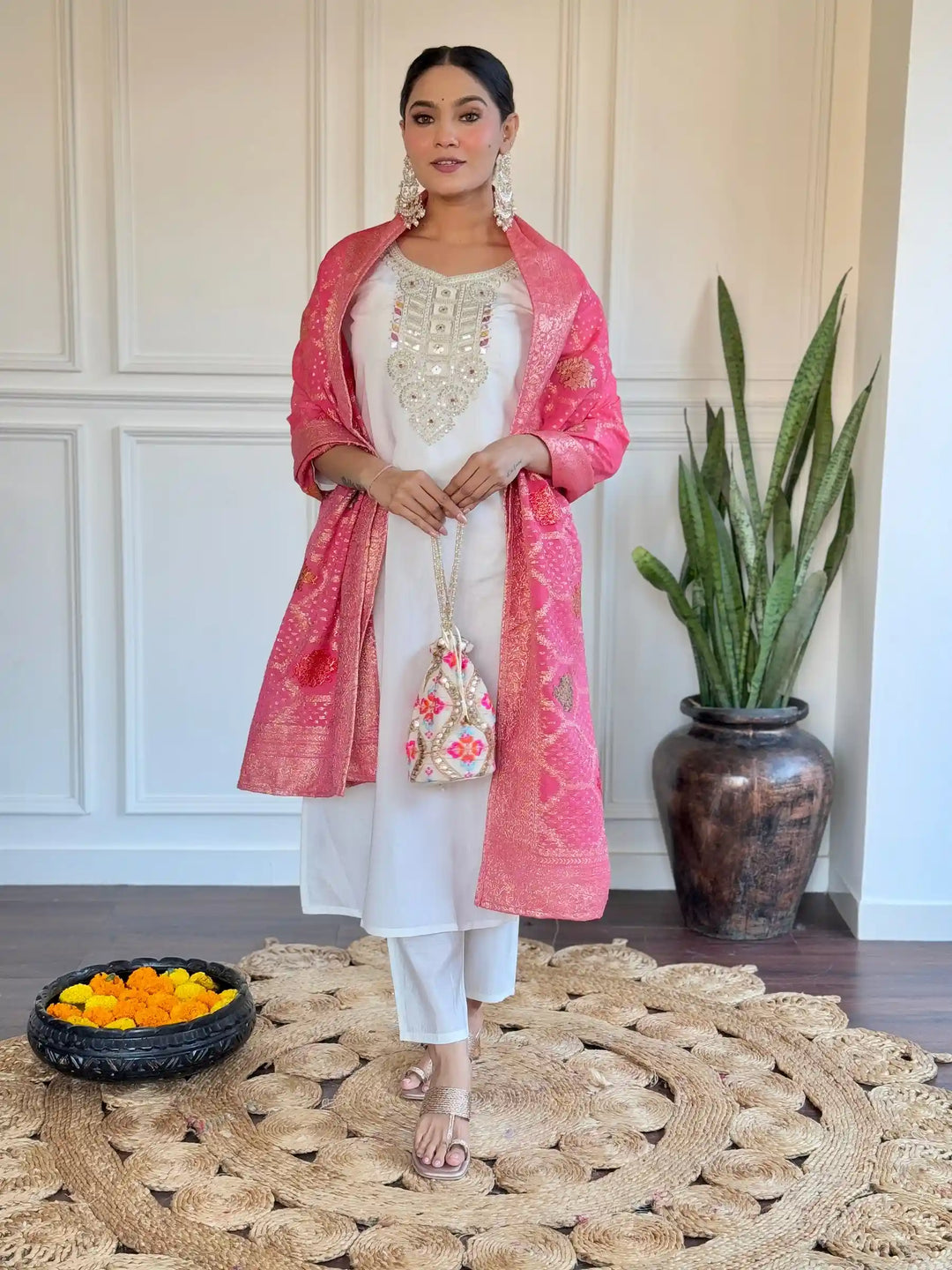 Elegant White Suit | Chanderi top bottom with Jacquard Silk dupatta