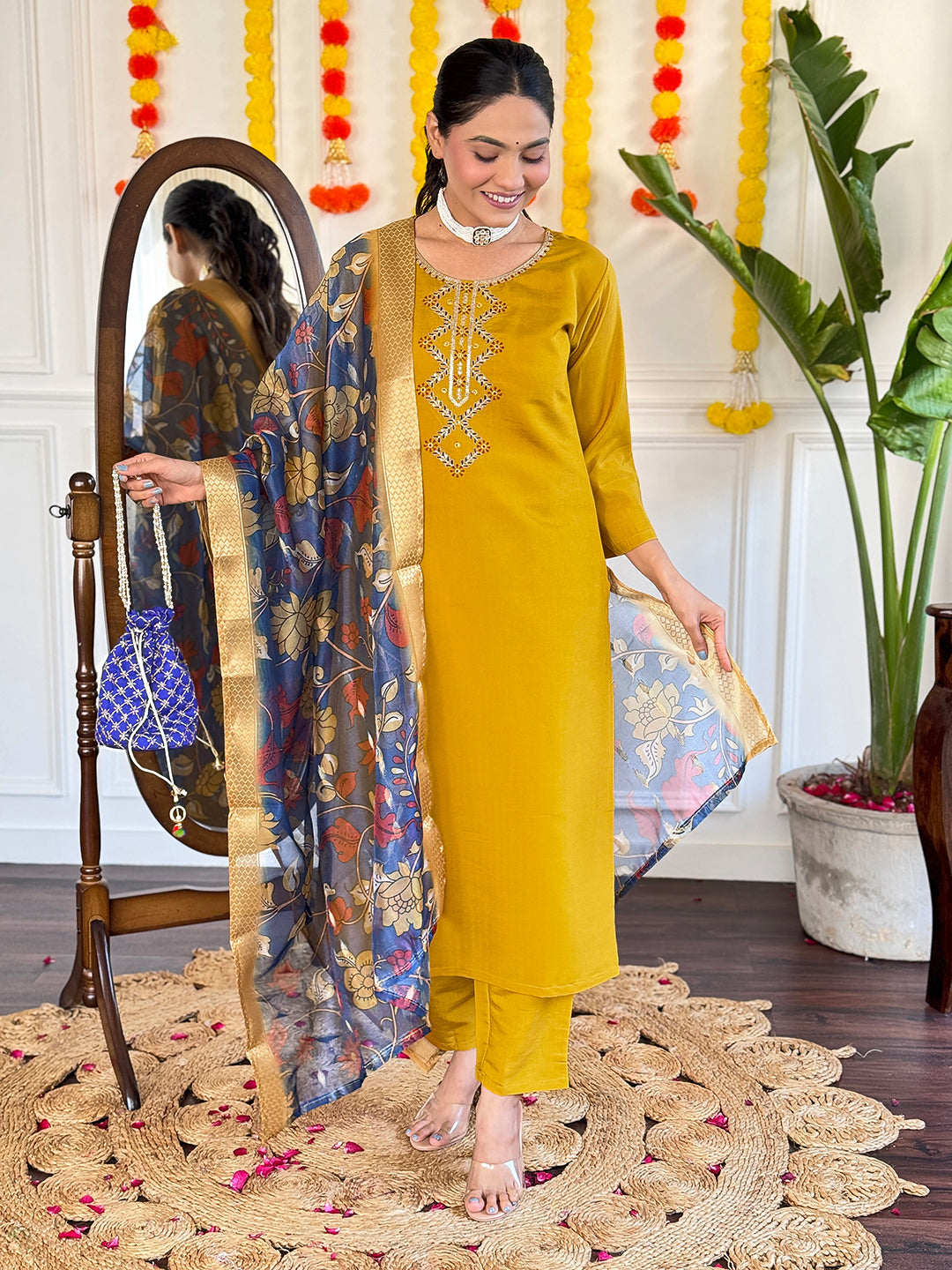 Charming Mustard Suit | Viscose Chanderi top bottom with Jacquard Silk dupatta