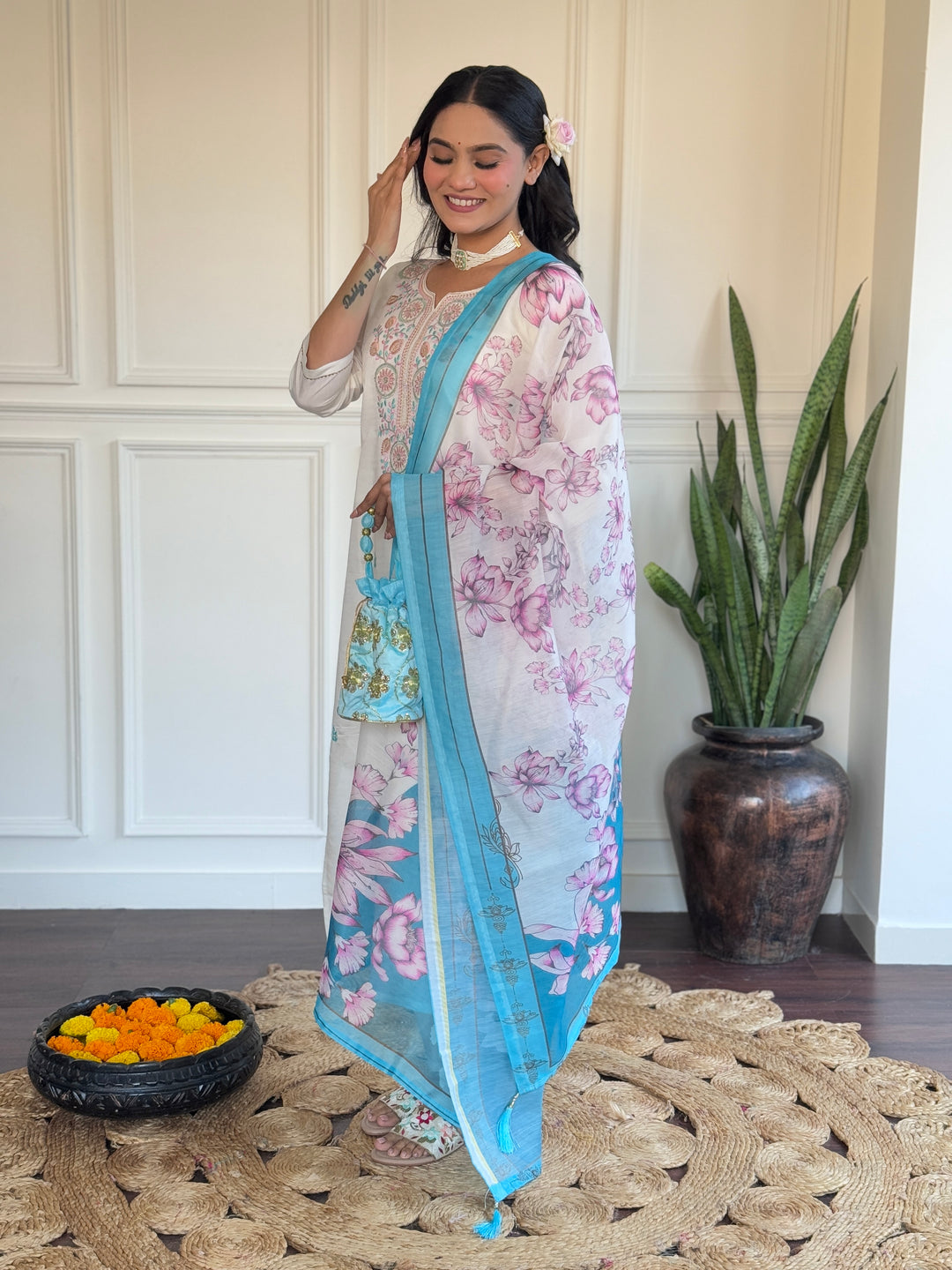 Charming White Suit | Viscose Chanderi top bottom with Chanderi dupatta