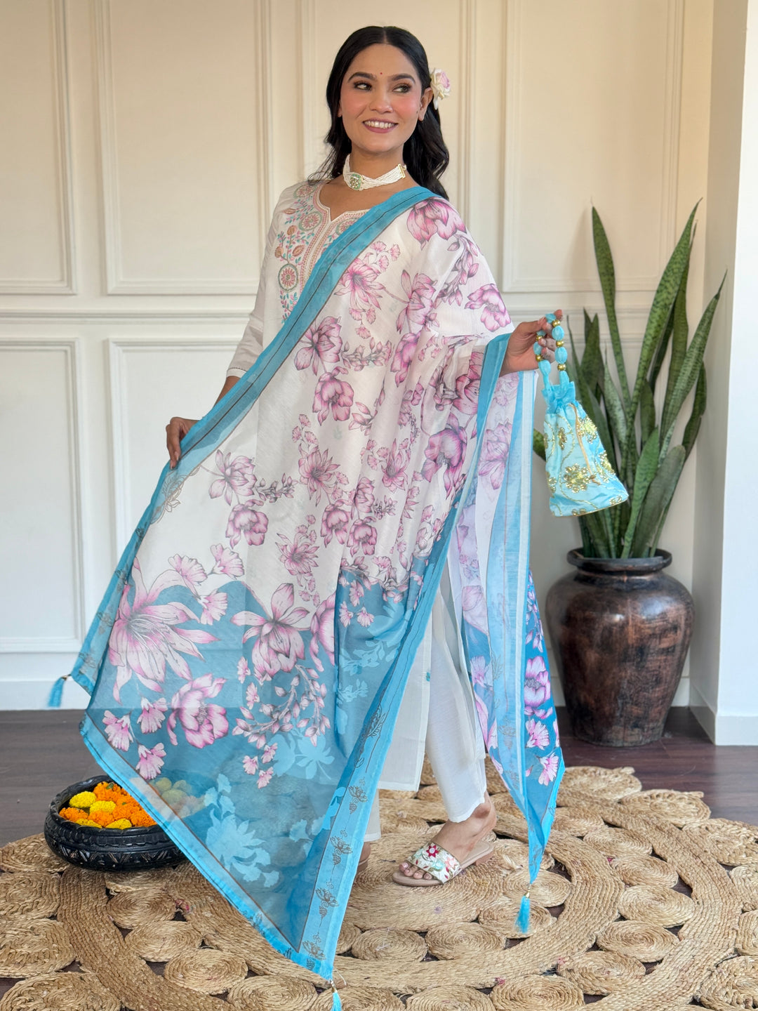 Charming White Suit | Viscose Chanderi top bottom with Chanderi dupatta