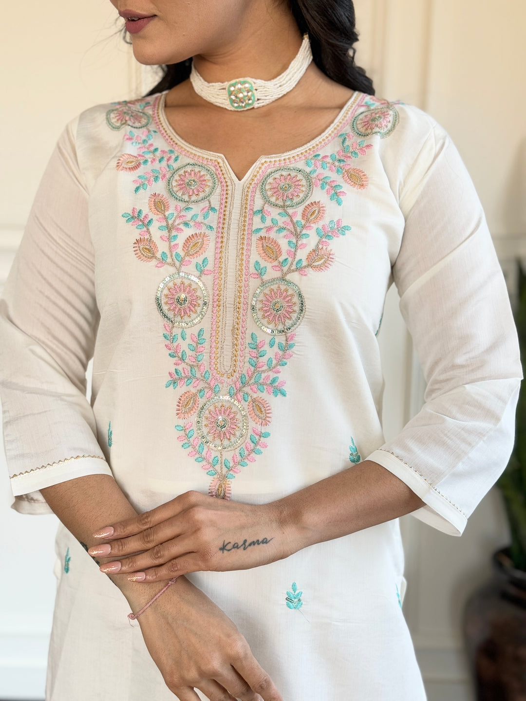 Charming White Suit | Viscose Chanderi top bottom with Chanderi dupatta