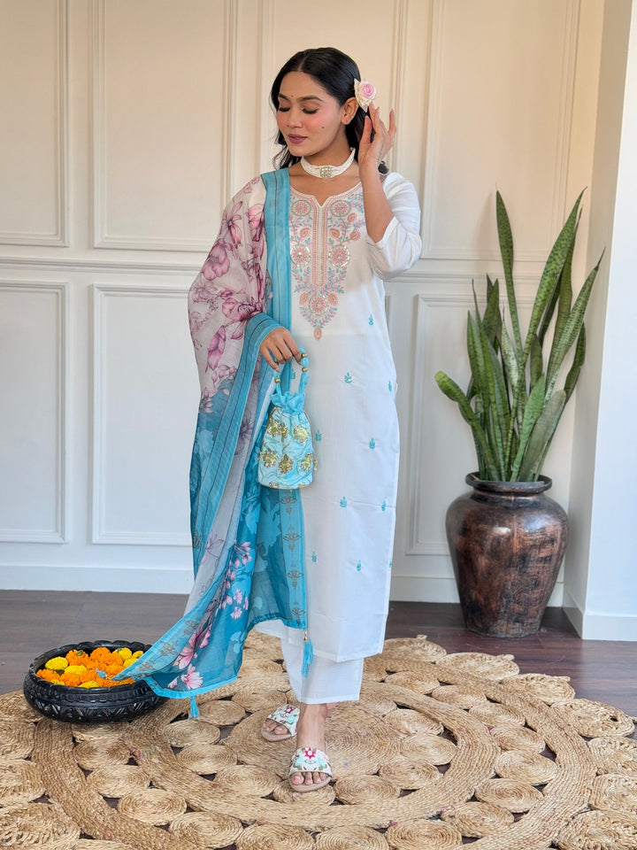 Charming White Suit | Viscose Chanderi top bottom with Chanderi dupatta