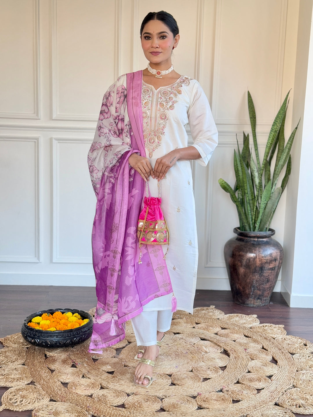 Elegant White Suit | Viscose Chanderi top bottom with Chanderi dupatta