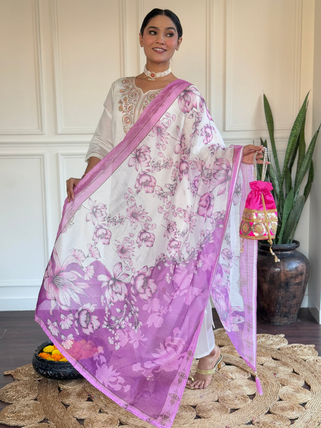 Elegant White Suit | Viscose Chanderi top bottom with Chanderi dupatta