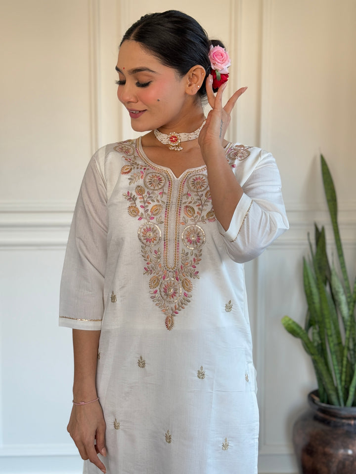 Elegant White Suit | Viscose Chanderi top bottom with Chanderi dupatta