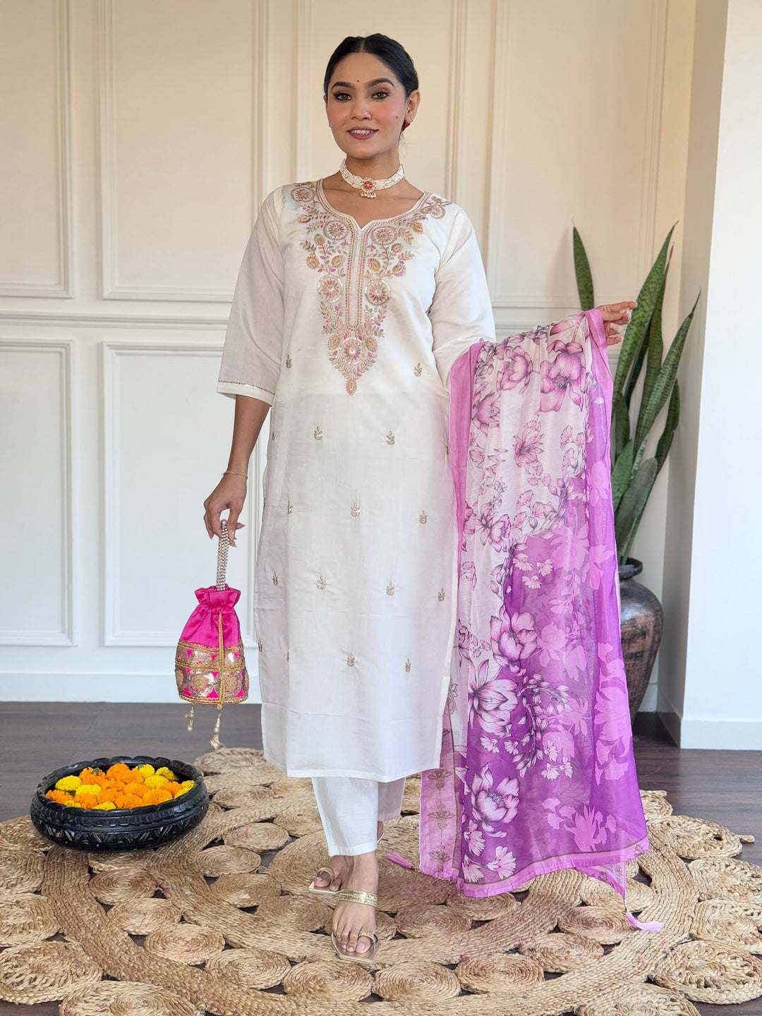 Elegant White Suit | Viscose Chanderi top bottom with Chanderi dupatta