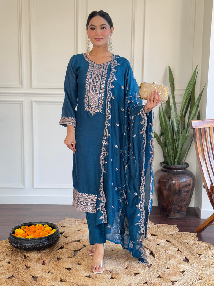 Gorgeous Teal Blue Suit | Vichitra Silk top bottom with dupatta