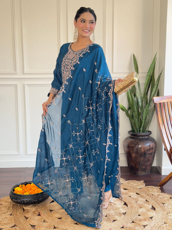 Gorgeous Teal Blue Suit | Vichitra Silk top bottom with dupatta