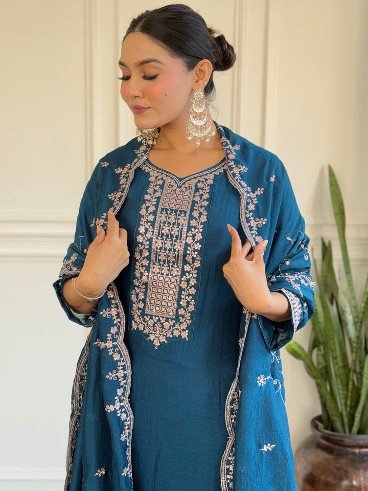 Gorgeous Teal Blue Suit | Vichitra Silk top bottom with dupatta
