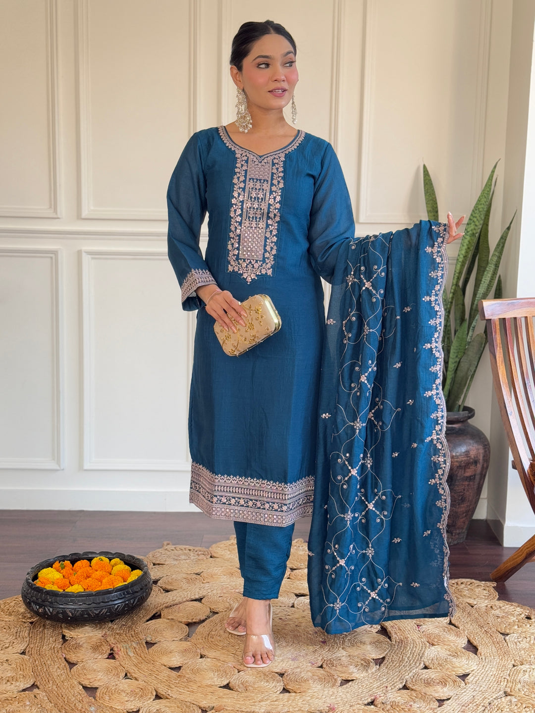 Gorgeous Teal Blue Suit | Vichitra Silk top bottom with dupatta
