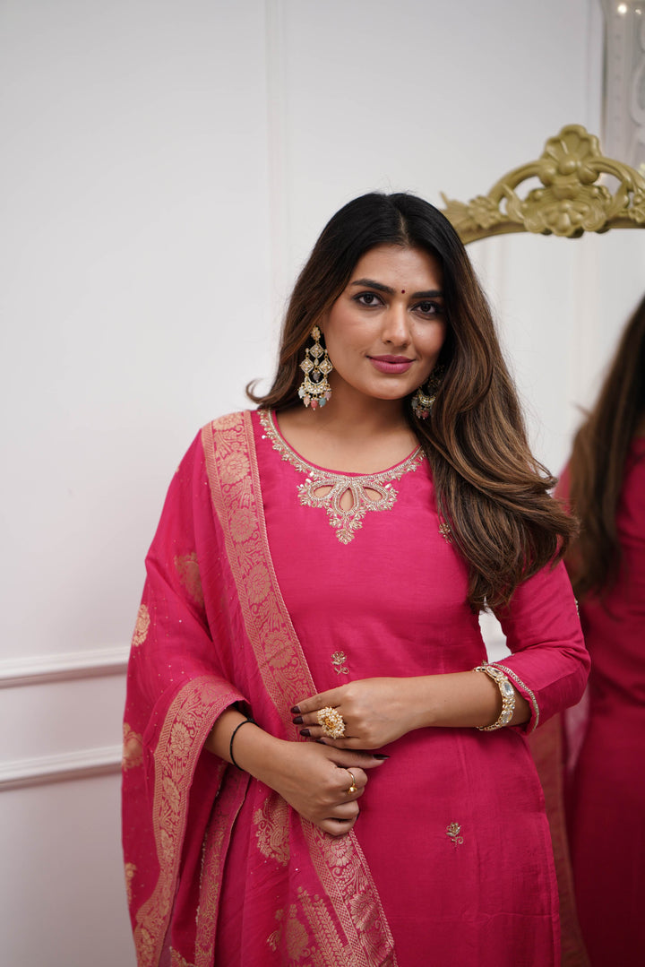 Stunning Rani Pink Suit | Viscose Chanderi top bottom with Jacquard Silk dupatta
