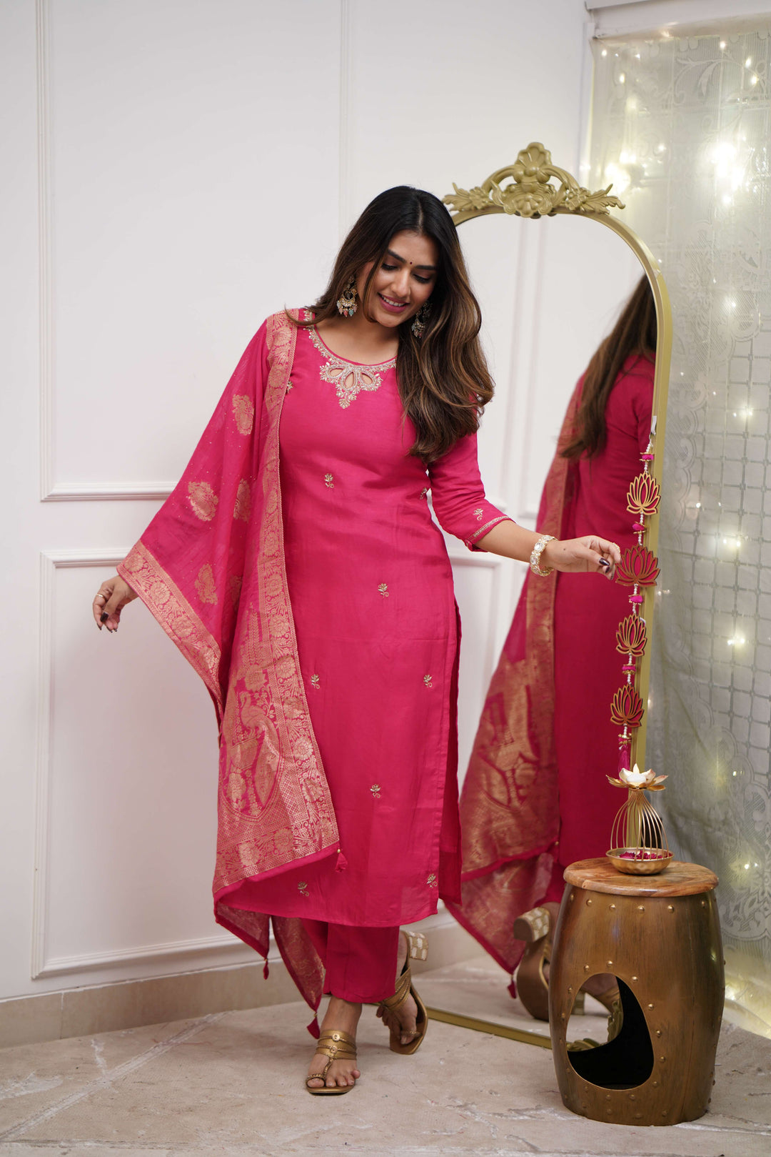 Stunning Rani Pink Suit | Viscose Chanderi top bottom with Jacquard Silk dupatta