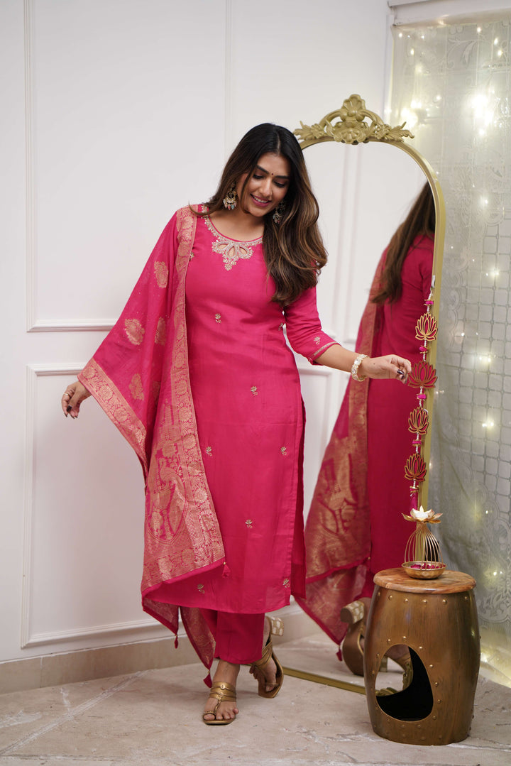 Stunning Rani Pink Suit | Viscose Chanderi top bottom with Jacquard Silk dupatta