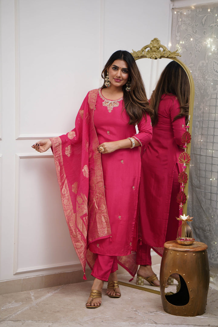 Stunning Rani Pink Suit | Viscose Chanderi top bottom with Jacquard Silk dupatta