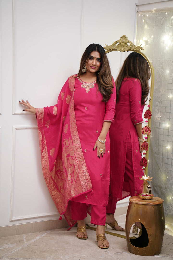 Stunning Rani Pink Suit | Viscose Chanderi top bottom with Jacquard Silk dupatta