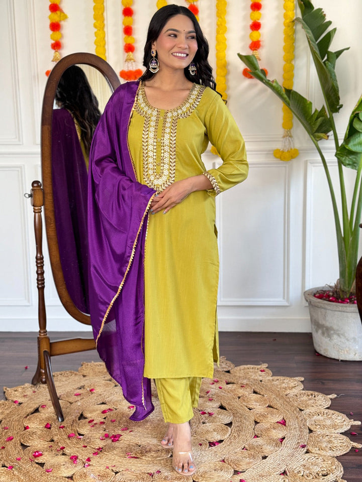 Beautiful Lemon Yellow Thread Embroidered Rayon Pant Suit