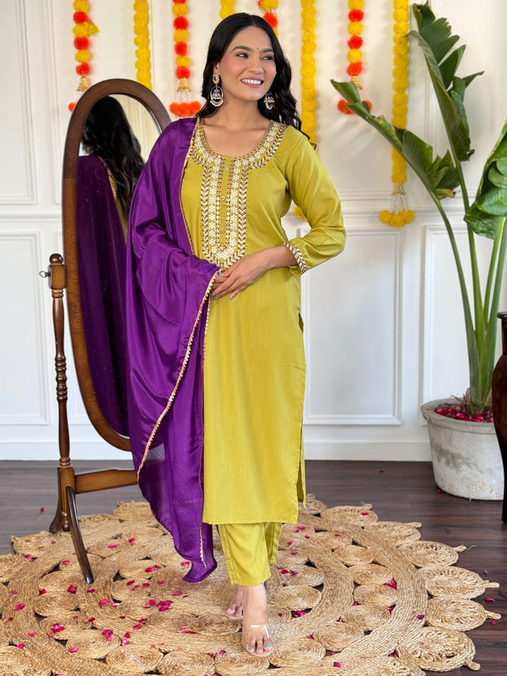 Graceful Lime Salwar Suit | Rayon Slub top bottom with Chinon dupatta