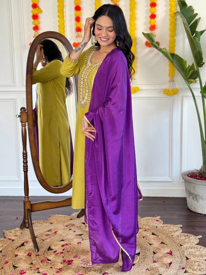 Beautiful Lemon Yellow Thread Embroidered Rayon Pant Suit