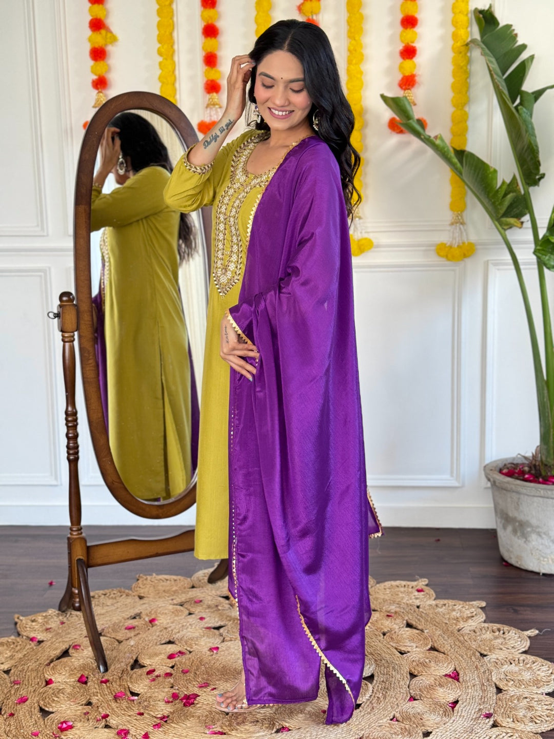 Graceful Lime Salwar Suit | Rayon Slub top bottom with Chinon dupatta
