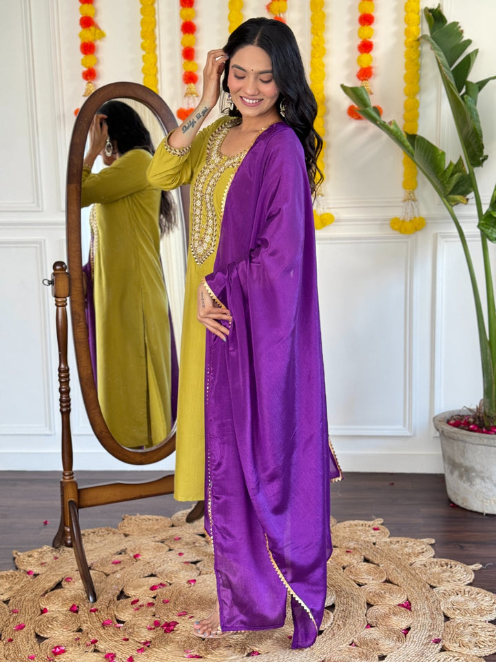 Graceful Lime Salwar Suit | Rayon Slub top bottom with Chinon dupatta