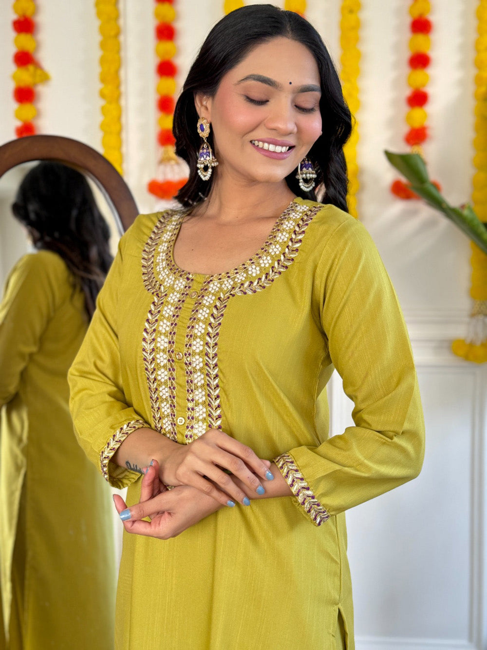 Beautiful Lemon Yellow Thread Embroidered Rayon Pant Suit