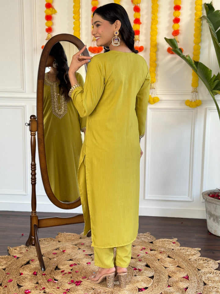 Beautiful Lemon Yellow Thread Embroidered Rayon Pant Suit