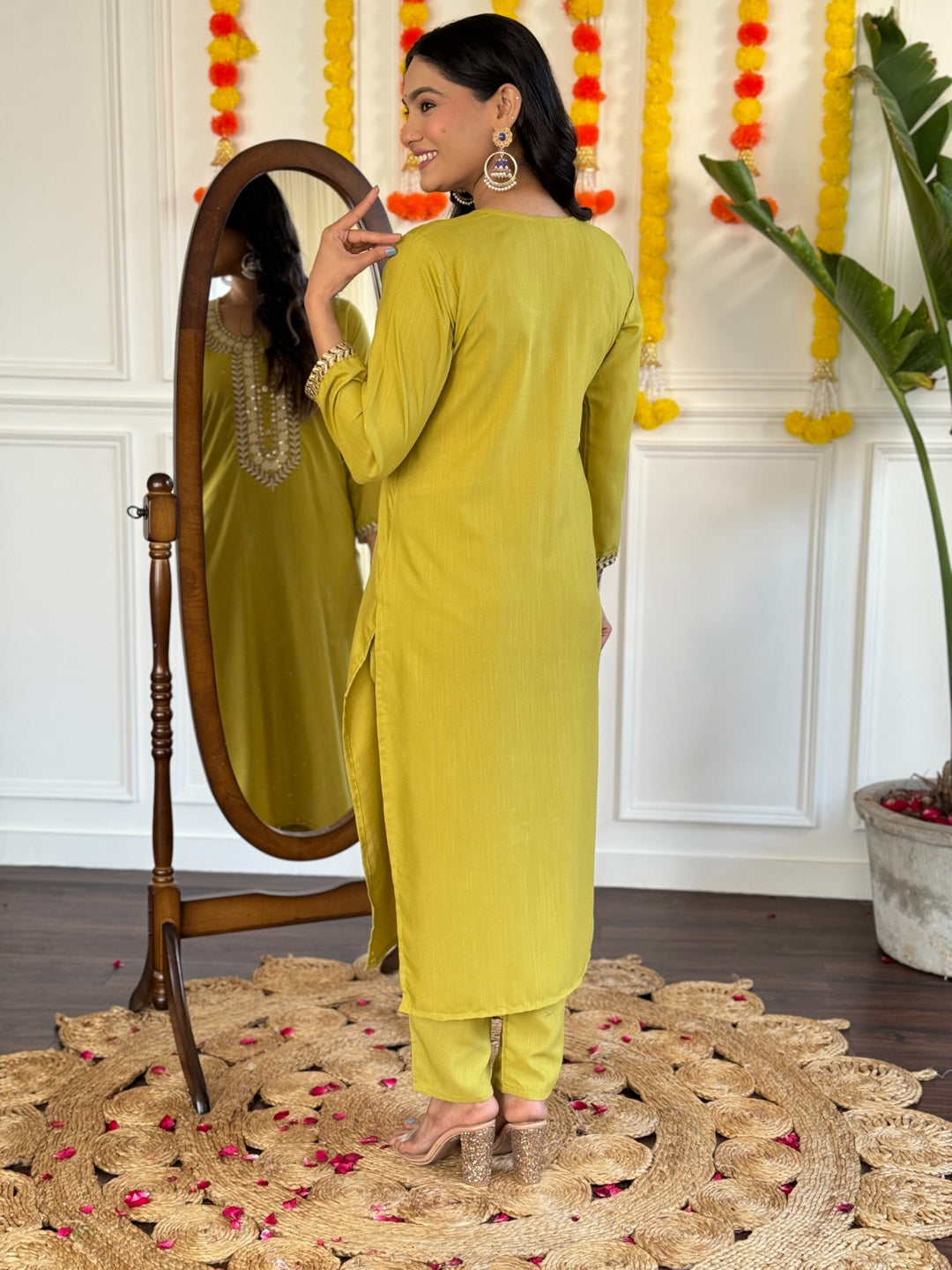 Graceful Lime Salwar Suit | Rayon Slub top bottom with Chinon dupatta