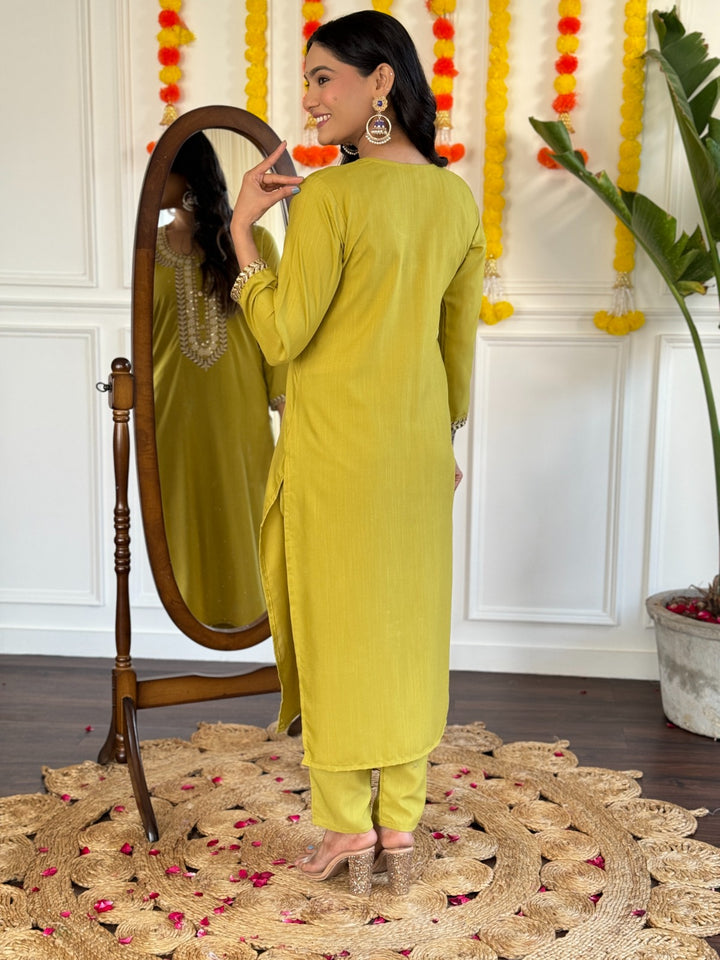 Graceful Lime Salwar Suit | Rayon Slub top bottom with Chinon dupatta