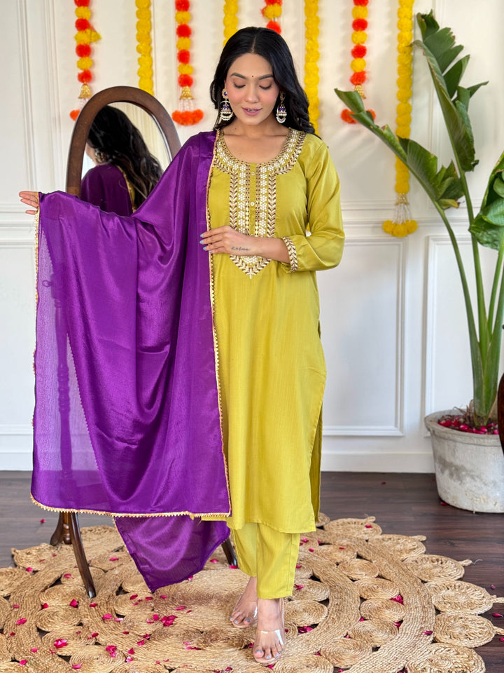 Graceful Lime Salwar Suit | Rayon Slub top bottom with Chinon dupatta
