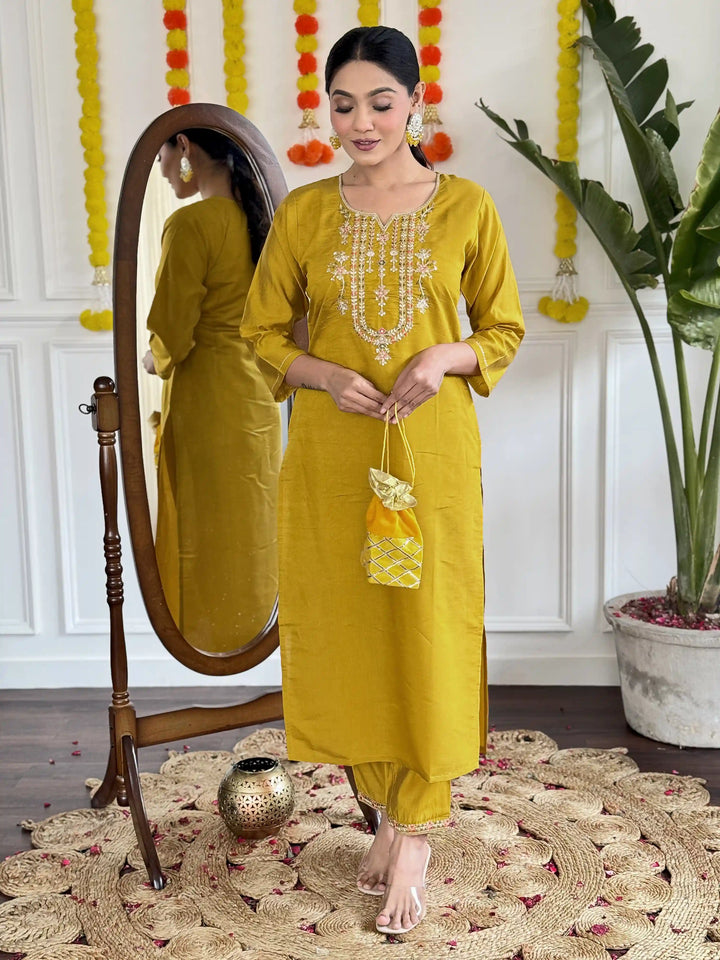 Stunning Mustard Suit | Viscose Chanderi top bottom with Linen dupatta