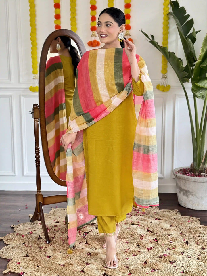 Stunning Mustard Suit | Viscose Chanderi top bottom with Linen dupatta