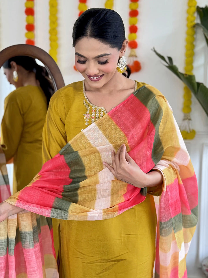 Stunning Mustard Suit | Viscose Chanderi top bottom with Linen dupatta